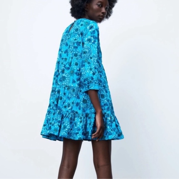 Zara Floral Print Tiered Dress Blue Size Small - Picture 3 of 16